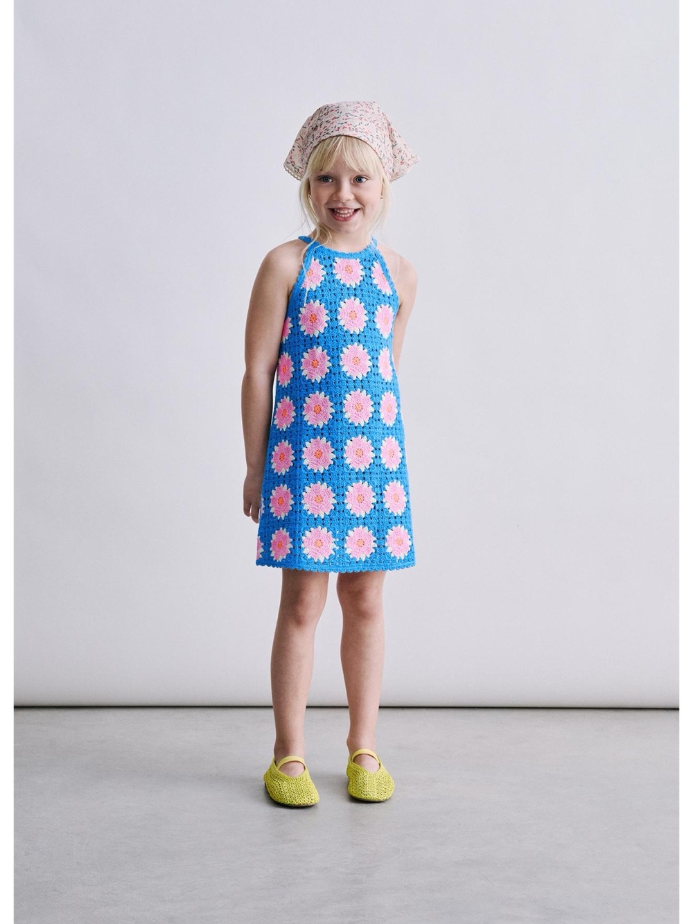 Zara kids Blue Crochet Halter Dress with Pink Daisy Motifs